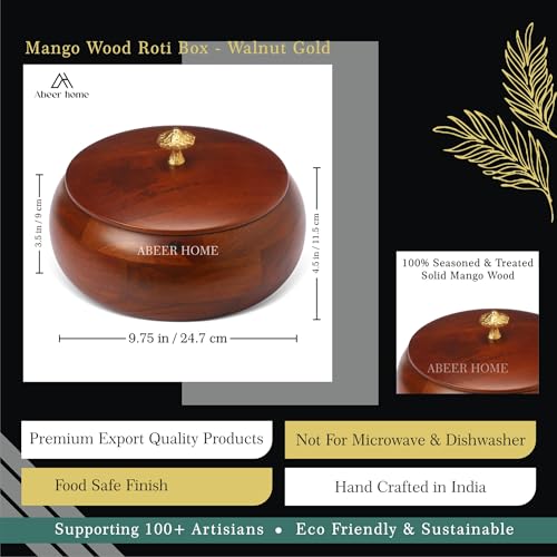 Image of Handcrafted Premium Wooden Roti Casserole - 9 x 9 x 4 Inches | Hot Roti Case & Chapati Box For Kitchen & Dining | Chapati Serving Hotbox Serveware With Gold Embossed Knob