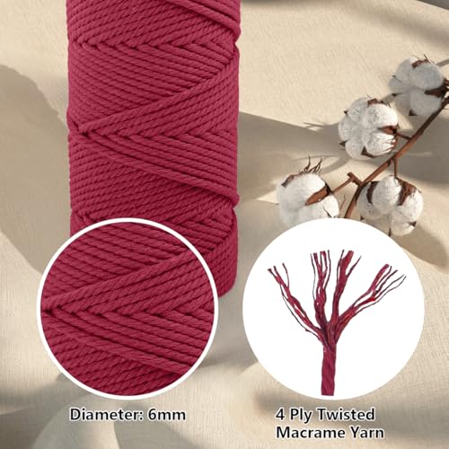 Image of ZUEXT Macrame Cord, Red Wine, 6mm x 109yds Cotton String Macrame Yarn