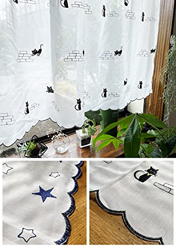 カフェカーテン 北欧 刺繍 星 猫 星柄 ネコ柄 おしゃれ 45cm丈 75cm丈 シンプル かわいい 白 (カフェ・黒猫, 幅145×丈45cm) ネコポス便_fn [3]