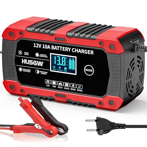 12V10A Cargador de Bateria de Coche，Mantenedor Bateria Moto Inteligente y Funciones Portátiles de Reparación Automática, Cargador Baterias Coche (10A)