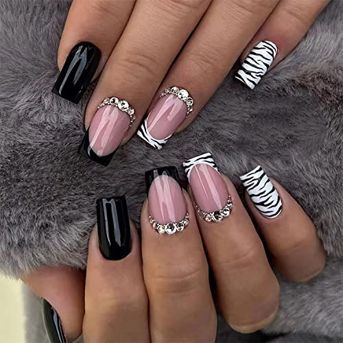 24Pcs French Tip Press On Nails Short Square Black Fake Nails Black White Zebra Print Design Full Cover Coffin Artificial Nails Rhinestone False Nail For Women Girls Acrylic Salon Manicure Decorations #TOP22
