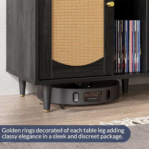 Image of BELLEZE Mid-Century Record Player Stand, Rattan Vinyl Storage Cabinet for 350+ Albums, Turntable Table with Power Outlet, Media Console Music Station for Living Room,Office - Brown