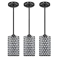 3 Pack 1 Light Hanging Kitchen Island Crystal Pendant Lighting Modern Concise Pendant Light Fixture Black Finish with Crystal Plate Metal Shade for Bar, Dining Room, Corridor,Living Room