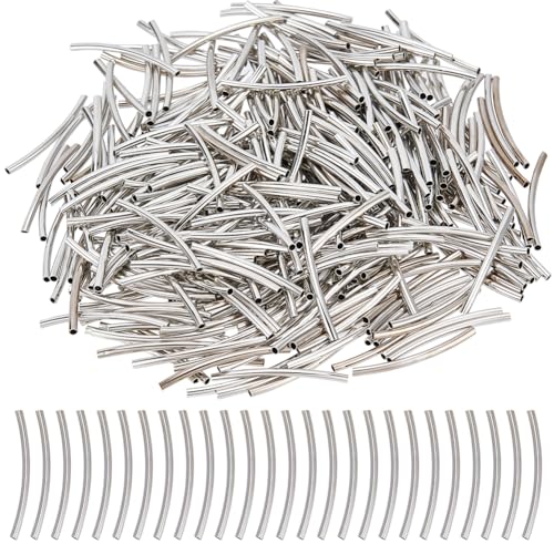SUNNYCLUE 1 BOX 400PCS 3cm Silver Long Tube Spacer Beads Curved Beads Metal Brass Noodle Tube Hanger Links Spacers Loose Bead Bulk for jewellery Making Charms Diy Earring Necklace Bracelet Crafts