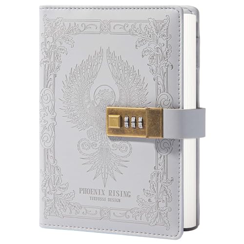 TIEFOSSI Phoenix Journal Notebook with Lock, Vintage Leather Locked Diary, B6 Travel Refillable Ruled Lined Writing Paper, Secret Password Gift Diary for Women Girls Boys (Grey)