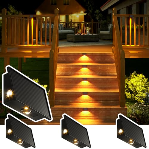 JSOT Deck Step Lights 4 Pack for Outside Fence, Wall, Stair, Patio, Garden, Backyard Decor with 5 Lighting Modes, Solar Light Outdoor Waterproof Bright LED with Lens (Warm Light)