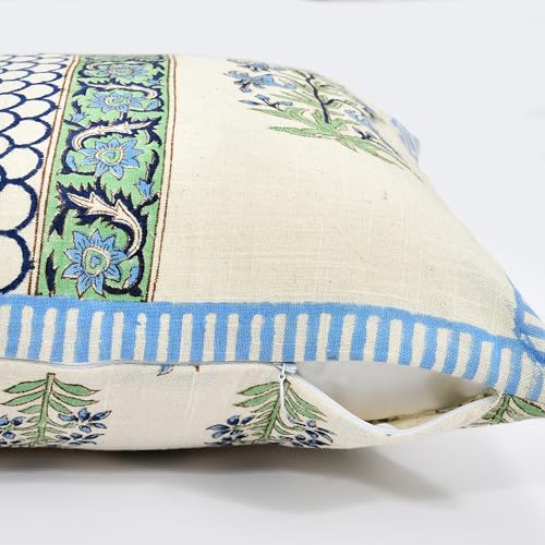 Image of BLOCKS OF INDIA Hand Block Printed Cotton Linen Cushion Cover (16 x 16 inches) (DYE Blue Green Half)
