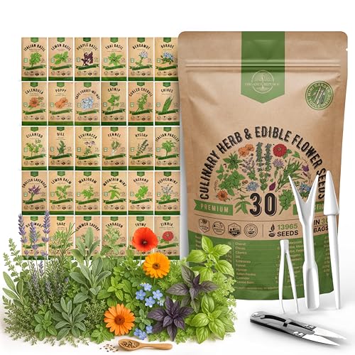 Organo Republic 30 Culinary Herbs & Edible Flower Seed Variety Pack- Indoor/Outdoor. 14000+ Non-GMO Heirloom Flower Seeds: Basil, Borage, Echinacea, Lavender, Oregano, Rosemary Seeds & More