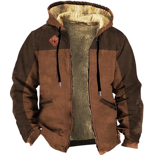 Western Fleece Jacket Men Vintage Graphic Sherpa Zip Up Heavy Warm Big and Tall Lined Coats with Hooded