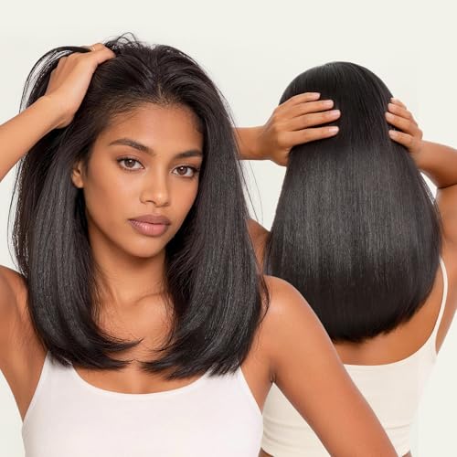Frodio Half Wig Yaki Straight Bob Wig Veralux Blend Human Hair 3 In 1 Glueless Flip Over Drawstring Wigs for Black Women 14 Inch 180% Density Natural Black Beginner Friendly