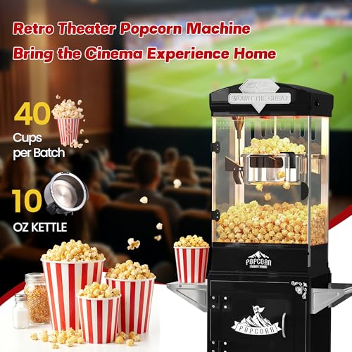 Image of Popcorn Machine, 10 Oz Vintage Popcorn Machine Cart with Wheels, Professional Movie Theater Style Popcorn Popper Makes Up to 40 Cups, Popcorn Maker Machine for Home & Commercial (Onyx Black)