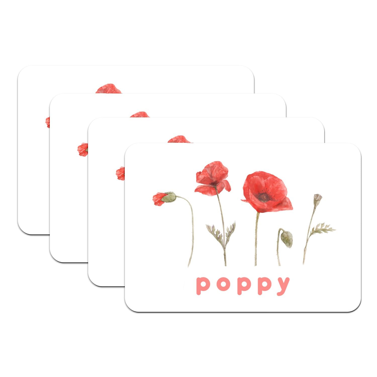 Sets de table blancs Poppy Flowers grand format en caoutchouc haut de gamme et aquarelle chic