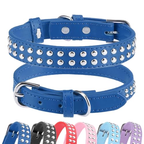 Collier en cuir clouté bleu foncé pour chien réglable taille M - 2