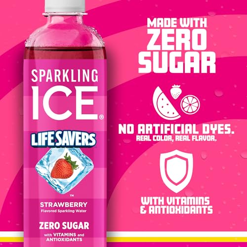 Image of Sparkling Ice LIFESAVERS Strawberry, Zero Sugar Flavored Sparkling Water, with Vitamins and Antioxidants. No Artificial Dyes, Low Calorie Beverage, 17 fl oz Bottles (Pack of 12)