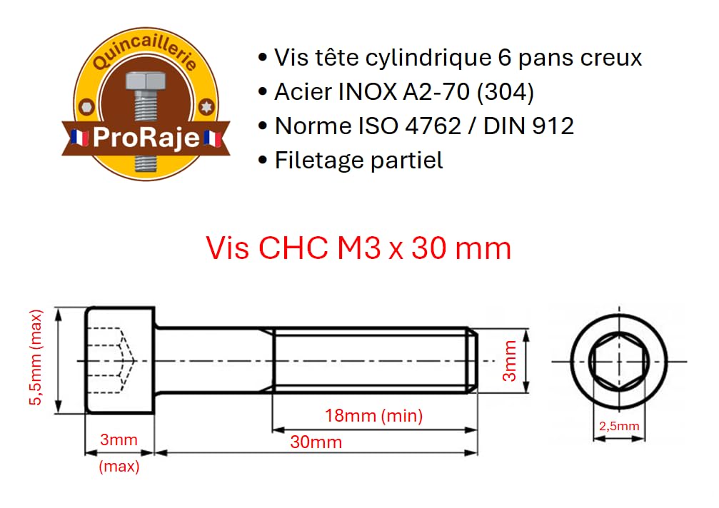 ProRaje Screws Stainless Steel M3 x 30 mm Cylinder Head BTR Diameter 3 x 30 mm, A2 stainless steel, M3 x 30mm - Image 3