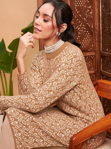 Image of Women's Woolen Winter Kurta | Ethnic Motifs Self Design Long Sleeve Straight Wool Kurti with Round Neck