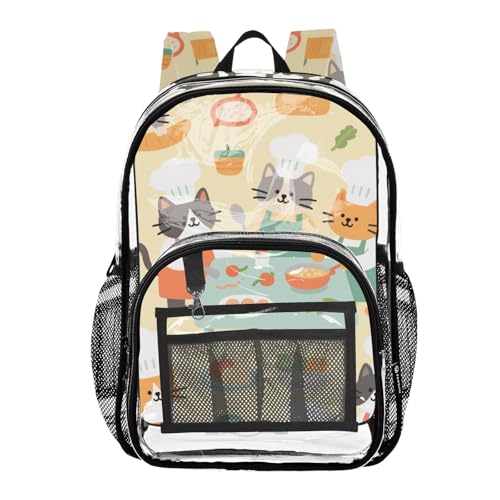 Cartoon Cute Cats Chef Yellow Clear Backpack School Clear Bookbag For Girls Boys See Through Heavy Duty Bag