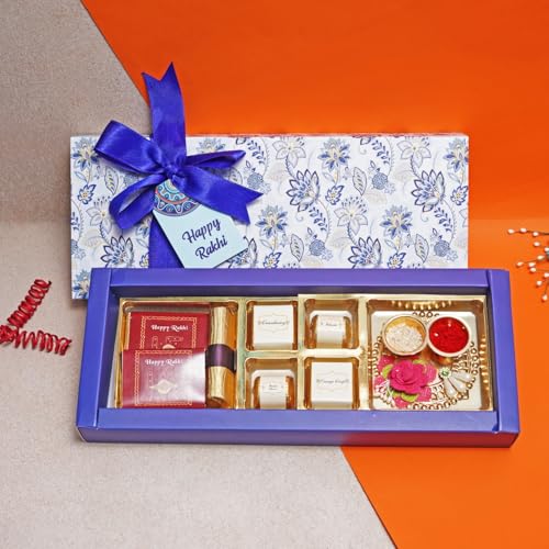 Image of Velvet Fine Chocolates Chilhood memories Rakhi box | Kumkum Thali, Evil Eye Rakhi & Assorted Chocolates | Perfect for Rakshabandhan | Pack of 1