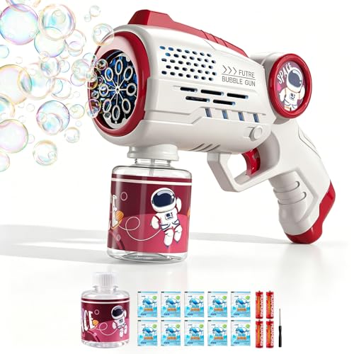Seifenblasenpistole Seifenblasenmaschine Kinder Mit LED Licht und 100 ML Tank Automatische Bubble Gun Mit 10 Pack Seifenblasen Flüssigkeit Für Outdoor Spiele Für Kinder Party Spielzeug Rot
