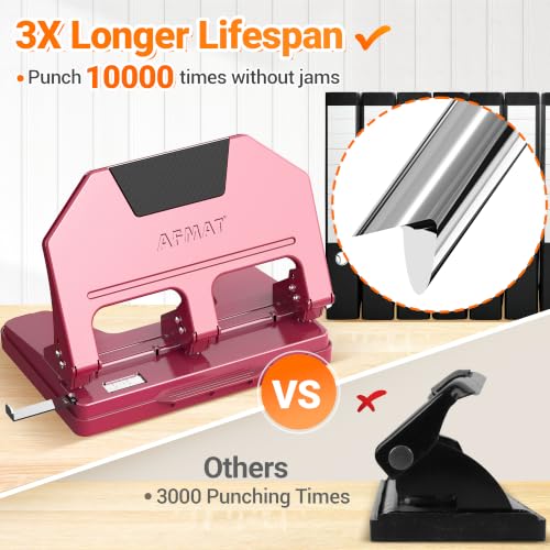 Image of AFMAT 3 Hole Punch Heavy Duty, 9 /32 inch Hole Diameter, 50-Sheet 3 Hole Puncher for Binder, 50% Reduced Effort, Metal Three Hole Punch w / 10,000+ Uses, Bulit-in S.S. Paper Guide, Large Chip Tray, HPX5