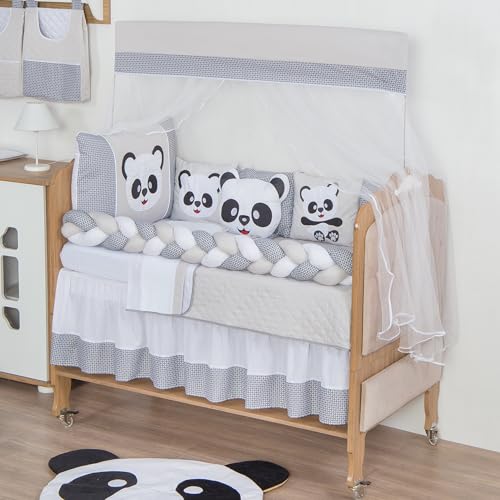 Kit Mini Berço Bordado 10 Peças Com Trança Menino e Menina (Panda...