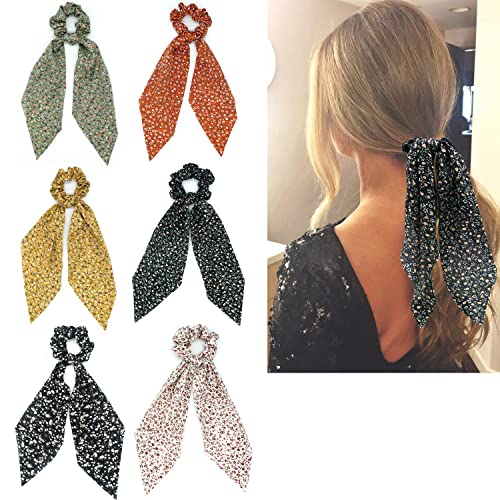 Flower Hair Scarf Scrunchies Long Hair Ribbon Ties for Women Chiffon Cute Bow Scrunchies Floral Bowknot Knotted Hair Scarfs Scrunchy with Tail Hair Bands Hair Ties Hair Elastic (6 Floral)