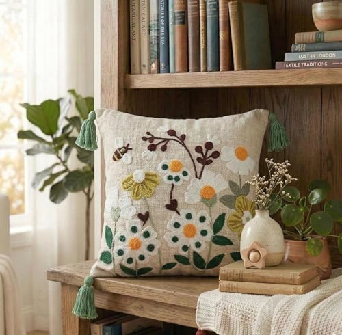 Image of Honey Bee Flowers Embroidered Cushion Cover 16 x 16 Inches or 40x40 cms Cotton Fabric Cushion Covers for Sofa Set /Diwan Beds, Sofa Throw Pillow Only, Set of 1 Pc