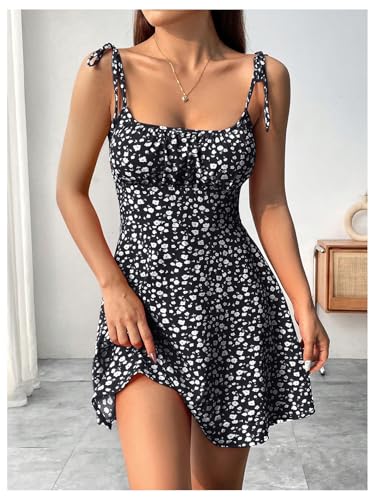 GORGLITTER Women's Floral A Line Flowy Cami Mini Dress Tie Shoulder Ruched Holiday Sundress Black Medium - Image 5