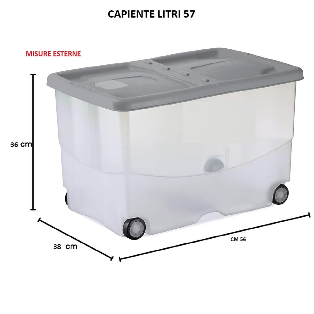 Set 2 Contenitore Multiuso 57 Litri con 4 Ruote Coperchio Grigio Doppia Apertura Box Organizer casa con Tasca Antitarme H36 x L56 x P38 cm in Plastica BPA Free portaoggetti salvaspazio Made in Italy