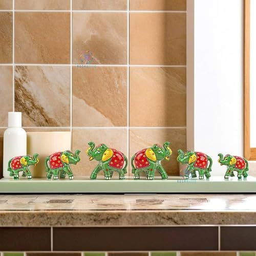 Hand-Painted Paper Mache Elephant Set – Traditional Indian Folk Art Decor for Home, Office & Special Occasions (Set of 6) -reen