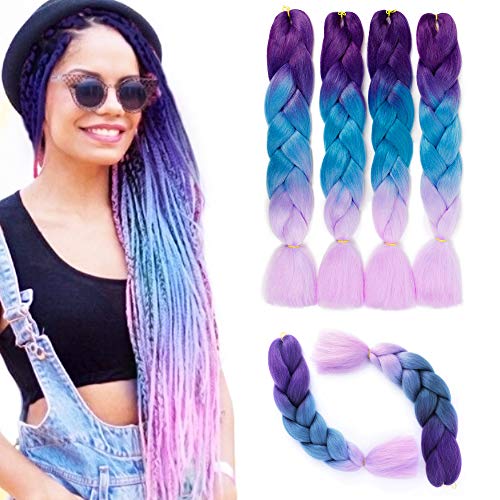 GX Beauty 4PCS/Lot Ombre Jumbo Braiding Hair Extensions for Black Women 24 Inch Kanekalon Twist Braiding Hair Synthetic Box Braids Twist Hair Extension(Purple+Lake Blue+Light Purple)