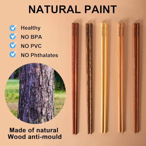 Image of MFJUNS 5 Pairs Wood Chopsticks Set, Panda Engraved Reusable Chopsticks, Rosewood /Wenge /Beech /Iron Wood, No Paint No Wax, Non-Slip 9.5 Inch Solid Wood Chop Sticks for Sushi Ramen Kitchen Daily Dining