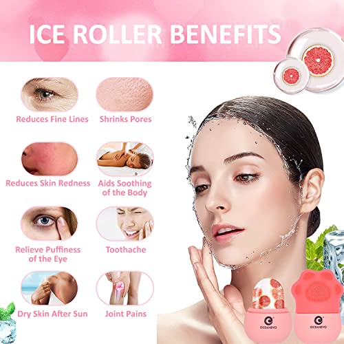 Image of OCEANEVO Silicone Facial Ice Roller , Ice Roller for Face With Bristles, Ice Cube Roller Massager for Face and Eye Puffiness Relief - 11 cm x 7 cm - Pink