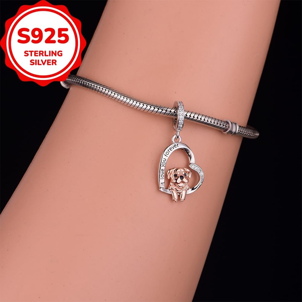 S925 Sterling Silver Dog Charm, Yorkshire Terrier/Pomeranian/Miniature Schnauzer Poodle Bulldo Chihuahua Pitbull Schnauzer Pug Shepherd Charms Fit Bracelets Necklaces Jewelry for Family Friends Dog Lovers