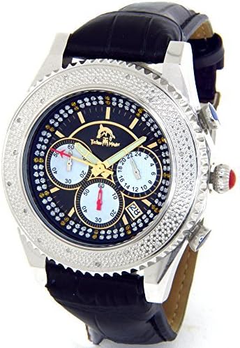 Mens Techno Master Genuine Diamond Watch Silver Case Black Leather Band #TM-2117-C