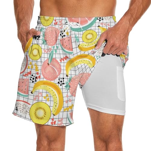 Mens Swim Trunks 7 Inch with Compression Liner Pockets Quick Dry Board Shorts Funny Swimsuit Swimwear for Men Bathing Suit
