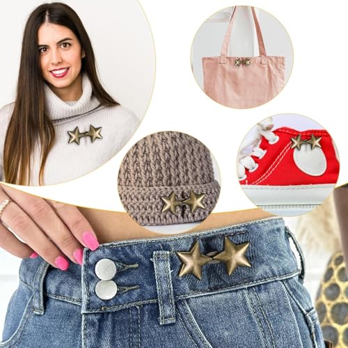 Image of Star Waist Knots for Jeans Tightening Clips Buttons, 4 Pairs Jeans Adjustable Pins for Women Pants, Fashion Metal Clips for Waist Tight, Loose Skirt, Trousers, No Sewing Required