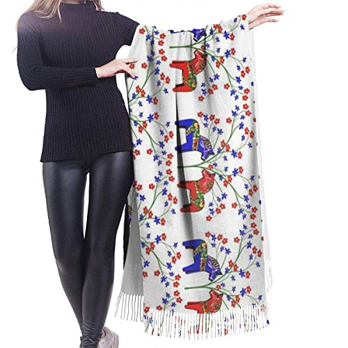 Schal Floral Swedish Dala Horses Upgraded Womens Large Soft Cashmere Feel Tücher Wraps Leichte Stola 196x68 cm Cover