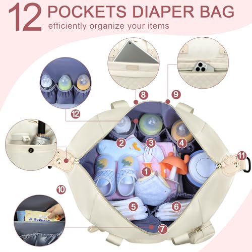 Image of Pritent Diaper Bag Tote - Diaper Baby Bags with Pacifier Case, Shoulder Straps, Stroller Clips, Waterproof Large Mommy Maternity Travel Baby Bag for Mom and Dad, white