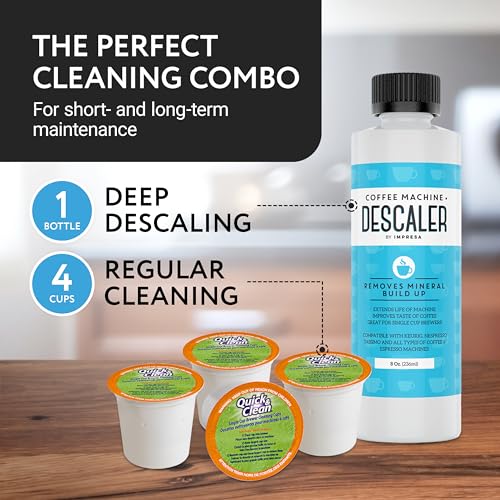 Image of IMPRESA Coffee Machine Descaler & Cleaning Bundle - Compatible with Keurig K-Duo & K-Cup Brewers - 8 Oz Descaling Solution & 4 Maintenance Pods - Coffee Machine Cleaning & Pot Care Kit