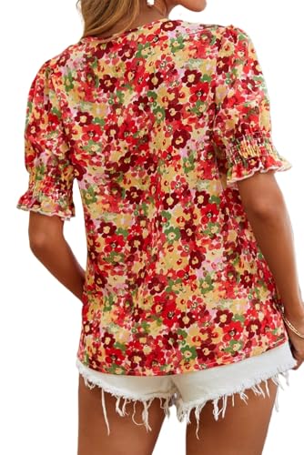 Women's Elegant Red Floral Bubble Sleeve Pleated V Neck Wrap Blouse