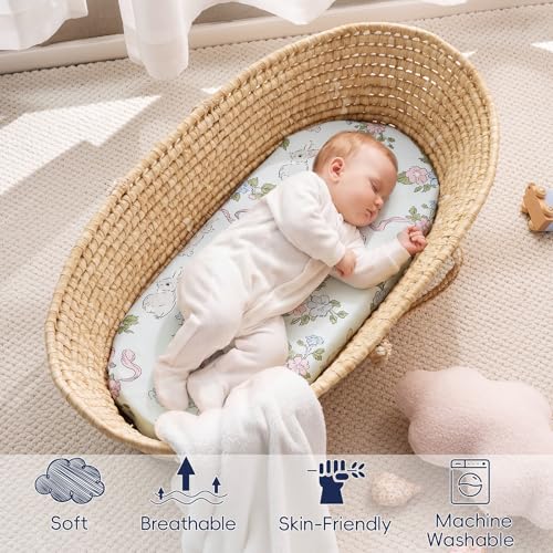 Image of PHF Soft Bassinet Sheet Set, 2 Pack Silky Comfy Breathable Cradle Sheets for Baby Girls, Univeral Fit for Most Oval Rectangle Cradle and Bassinet Mattress /Pad, Rabbit & Floral