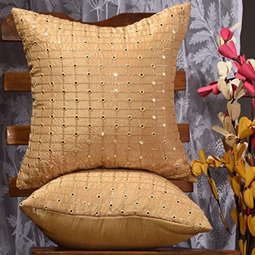Image of Yellow Decorative Cushion Covers 20x20 inches Set of 2, Embroidered Mirror Work Pillow Covers, Designer Sofa Cushion Covers with Sequins
