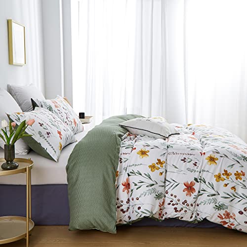 Nayoroom White Floral Duvet Cover Queen Size Green Botanical Leaf Yellow Flowers Printed Reversible Striped Bedding Set 3 Pieces Soft Microfiber Garden Style Comforter Cover With Zipper Ties thumb #2