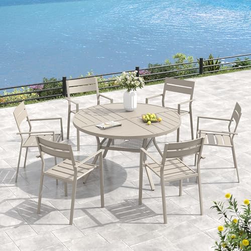 Image of VICLLAX 50 inch Round Outdoor Table, Patio Dining Table for 6 with Umbrella Hole for Garden Lawn Deck Backyard, Sandshell