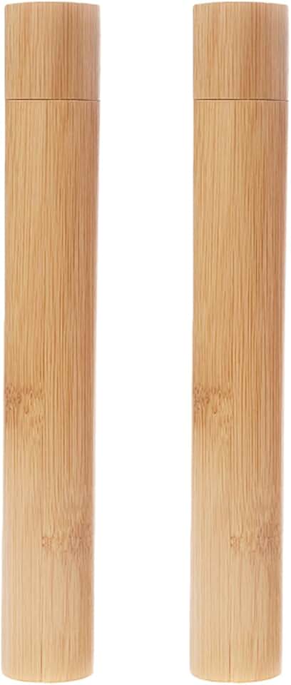 2 Pcs Natural Bamboo Toothbrush Storage Holder Empty Reusable Portable Toothbrush Case with Cover Personal Cleaning Tools Container Organizer Tube for Travel Trip
