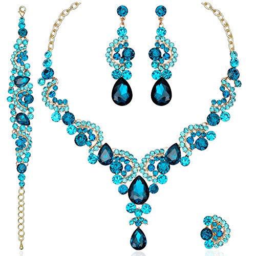 CSY 4 Pcs/Sets Elegant Crystal Necklace Earrings Bracelet Ring Bridal Wedding Costume Jewelry Sets for Brides Women Gifts (gold plated-aquamarine)