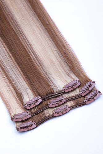 Clip In Extensions 3 teiliges Ergänzungsset 35g 45cm Hellbraun-Helllichtblond Nr. 12/613 100% indisches Echthaar Clip-In Echthaar Haarverlängerung Haarverdichtung