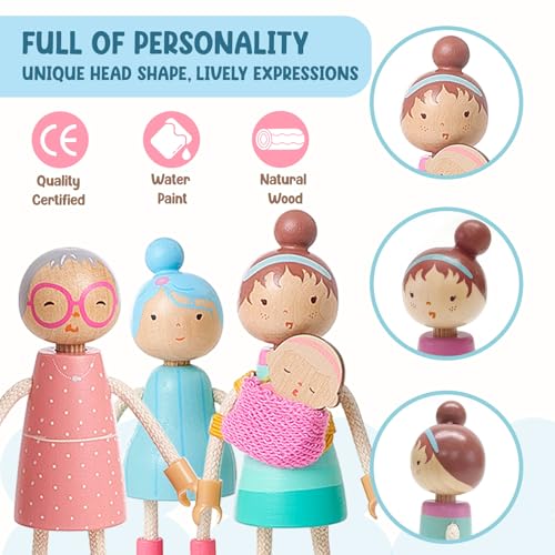 image for Giant bean Wooden Family Dolls Set of 7 for Dollhouse, Dollhouse Peopl