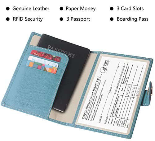 Genuine Leather Passport And Vaccine Card Holder, Rfid Passport Cover Credit Card Case With Cdc Vaccination Card Slot For Family Travel Id Documents Women And Men (Haze Blue) #TOP2